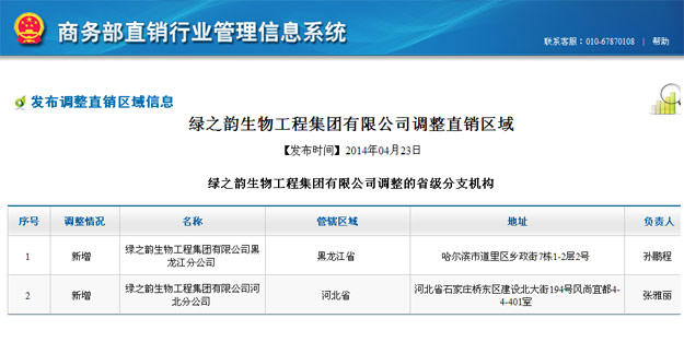 綠之韻獲國家商務(wù)部批準，新增黑龍江、河北兩省直銷區(qū)域